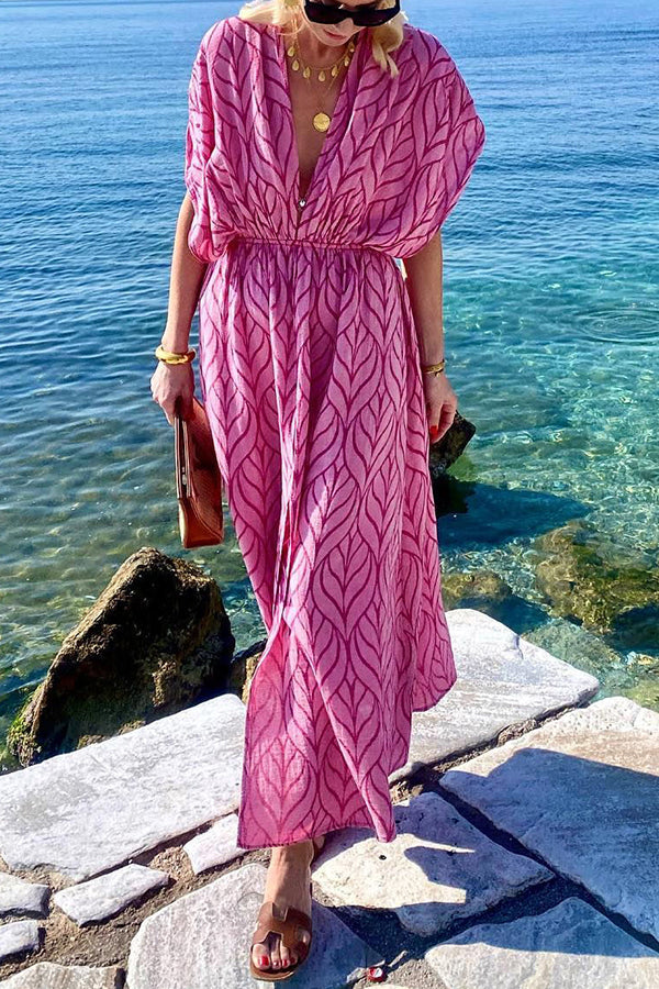 Shells By The Coast Printed Drawstring Design Kimono Beach Maxi Dress - Fashionpara