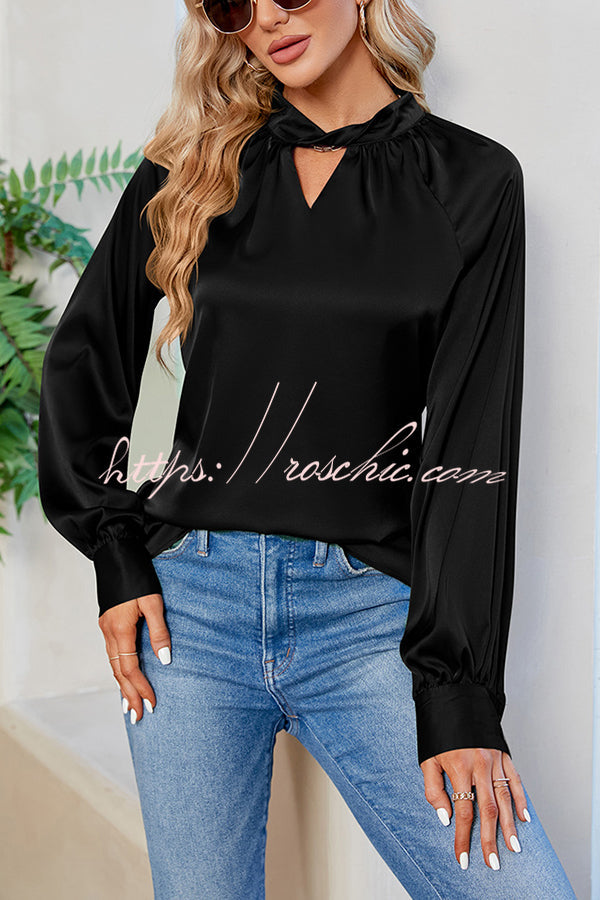 Vip Flight Plans Satin Twist Cut Out Neck Blouse