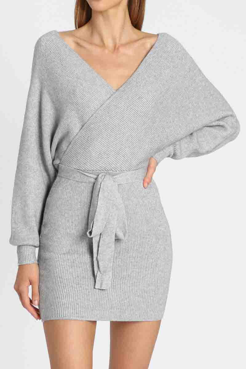 V Neck Knit Sweater Dress（3 Colors）