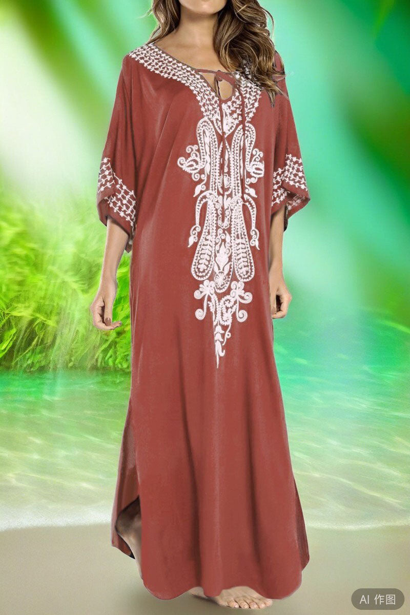 Beach Vacation Embroidered Round Neck Slit Cover Up Dress