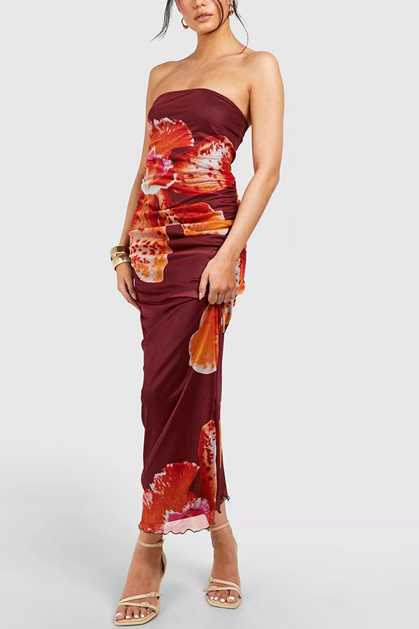 Oh So Sunny Mesh Floral Print Bandeau Stretch Maxi Dress - Fashionpara