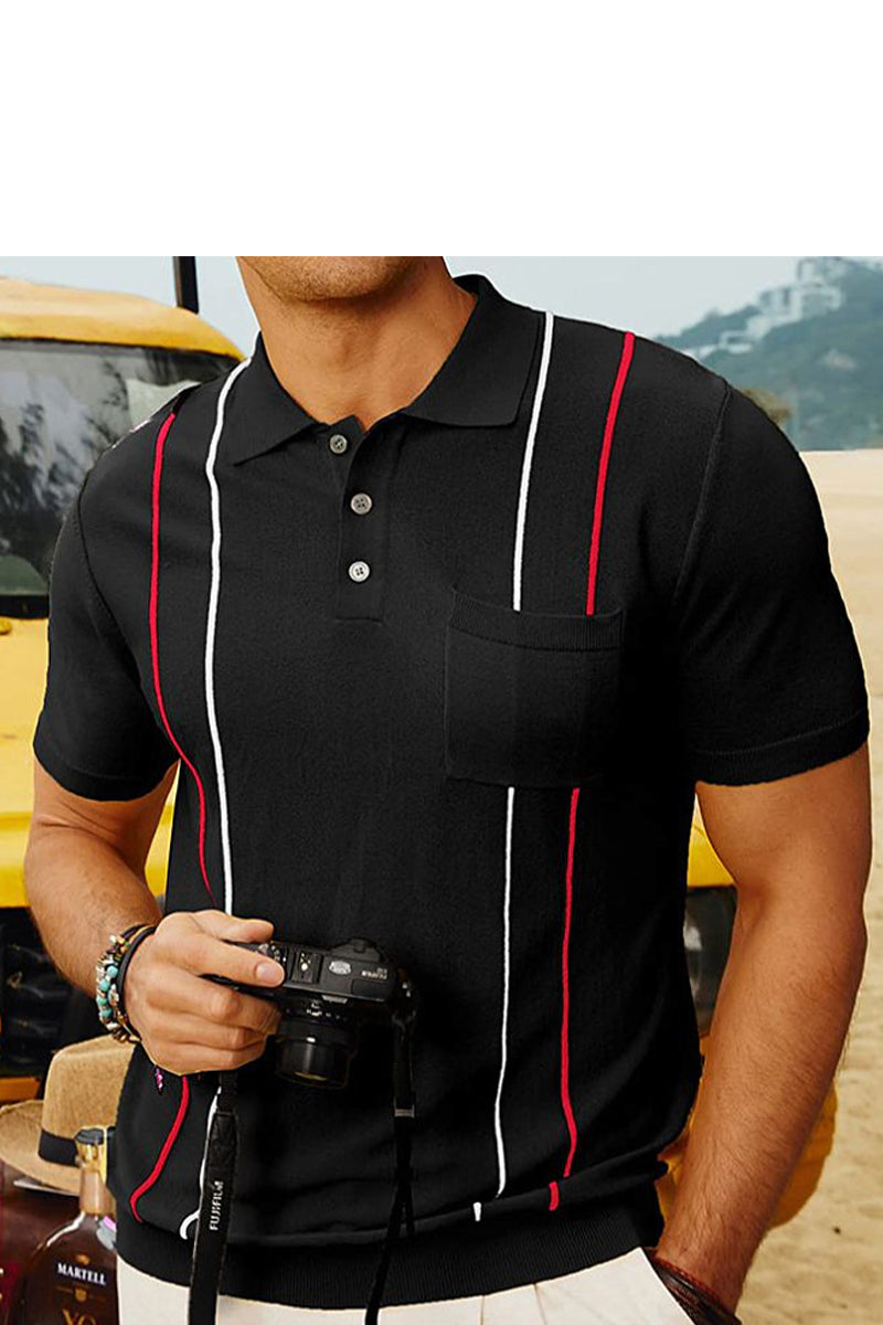 Men's Summer Striped Pocket Knit Short Sleeve Polo Shirt