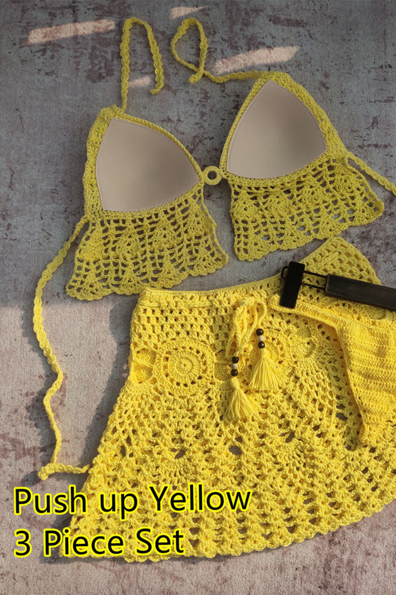 Handmade crocheted halterneck triangle bikini beach skirt sexy three-piece set