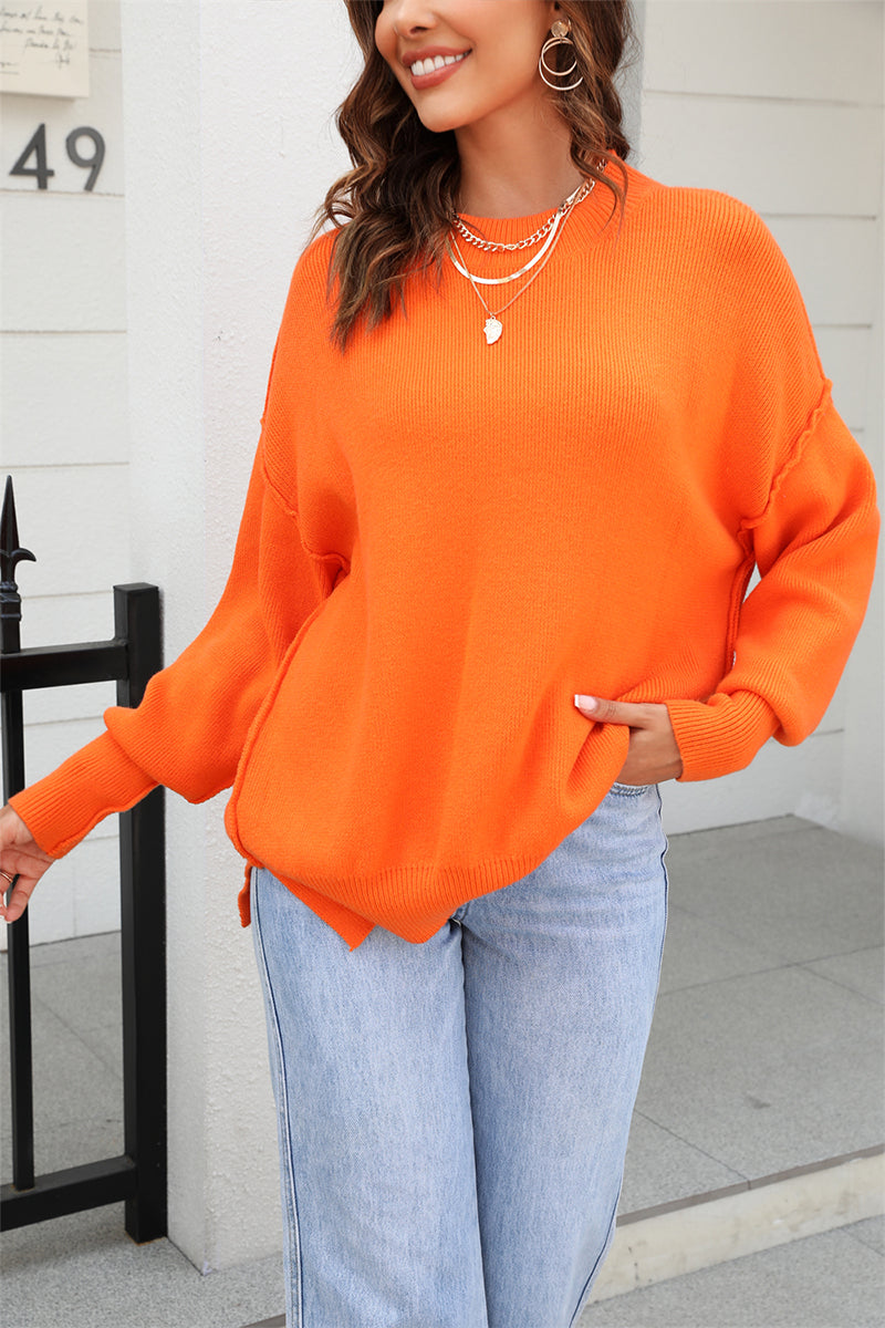 Solid Color Round Neck Loose Knit Pullover Sweater