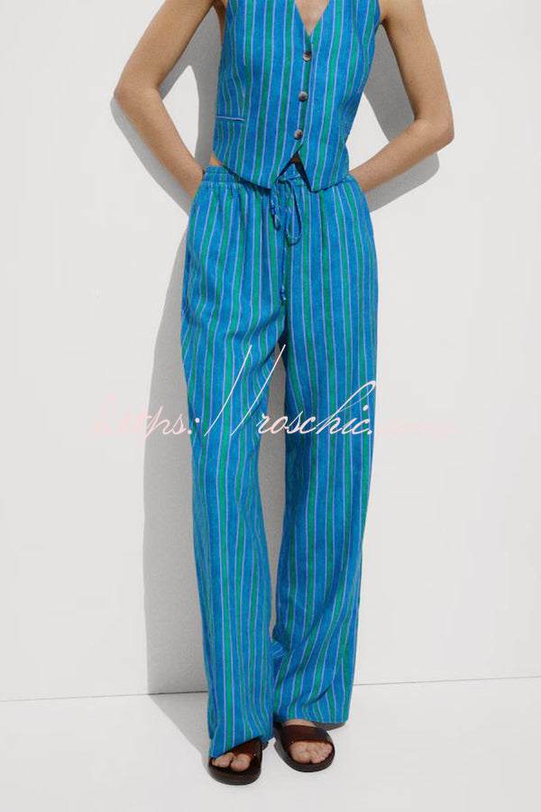 Regine Linen Blend Striped Button Halter Backless Vest and Elastic Waist Pocket Pants Set - Fashionpara