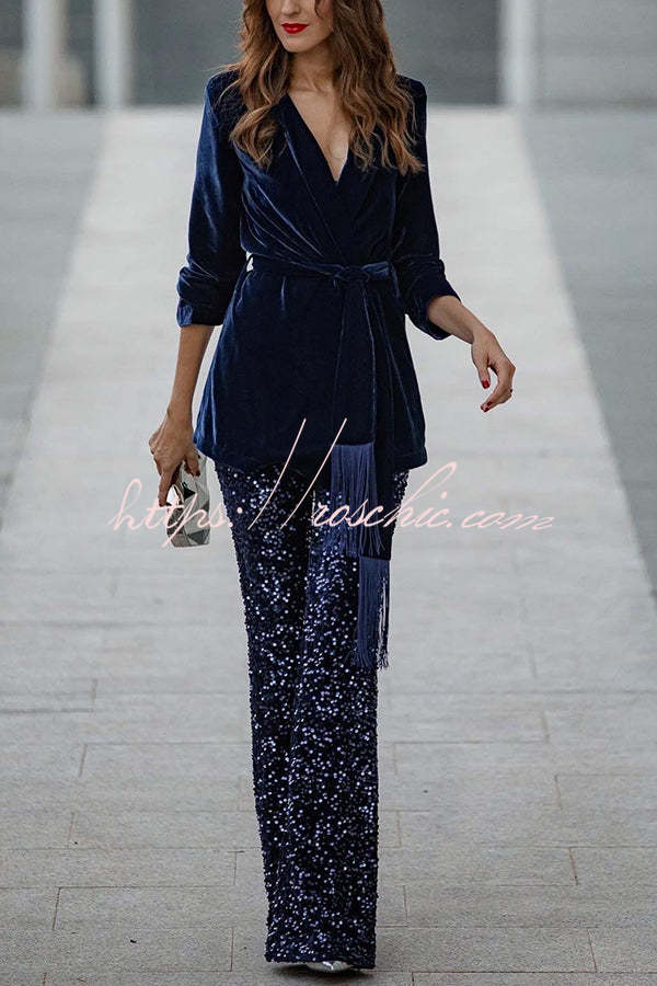 Crushing on You Velvet Lapel Tassel Belt Loose Blazer