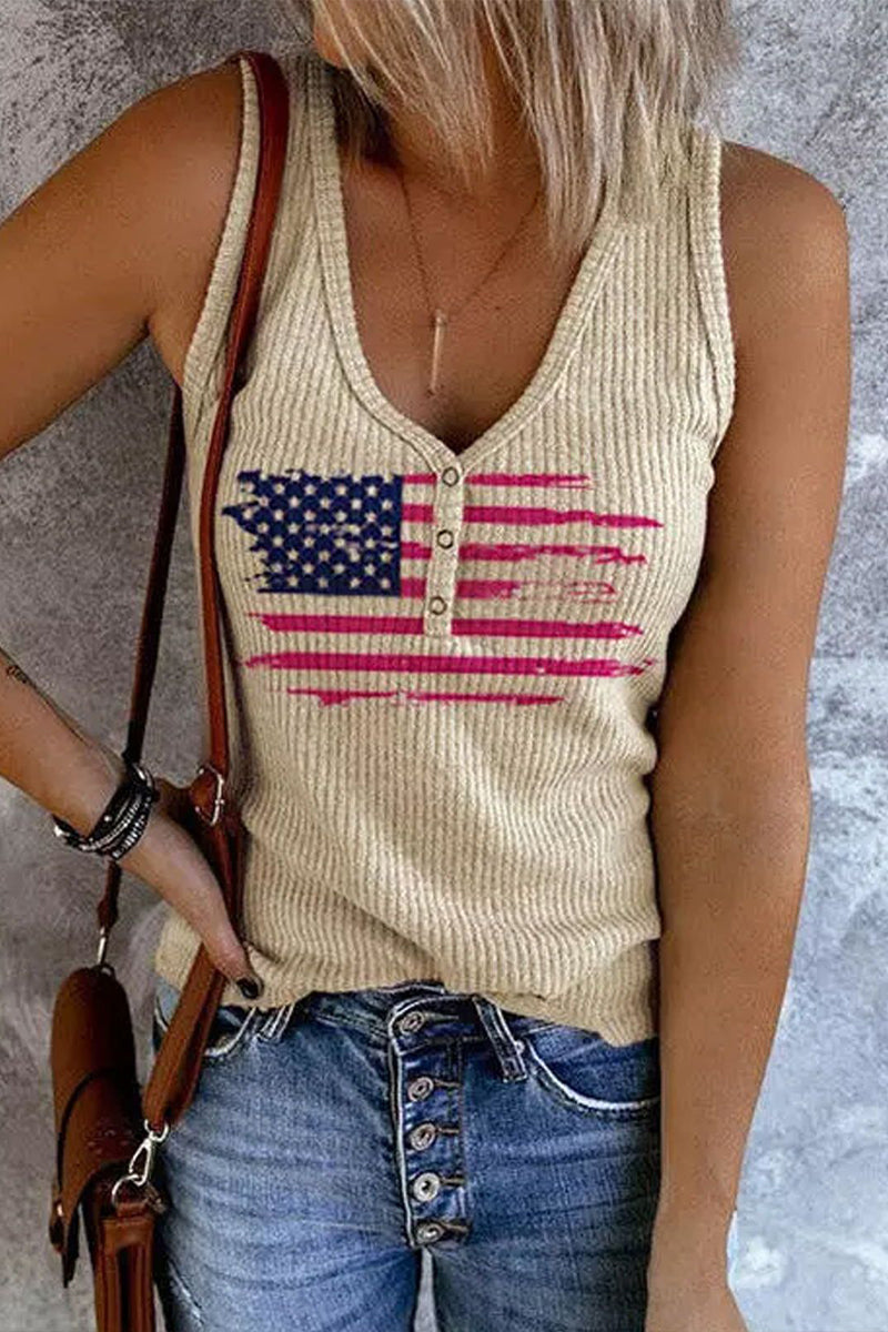 Flag Print Button Notched Neck Tank