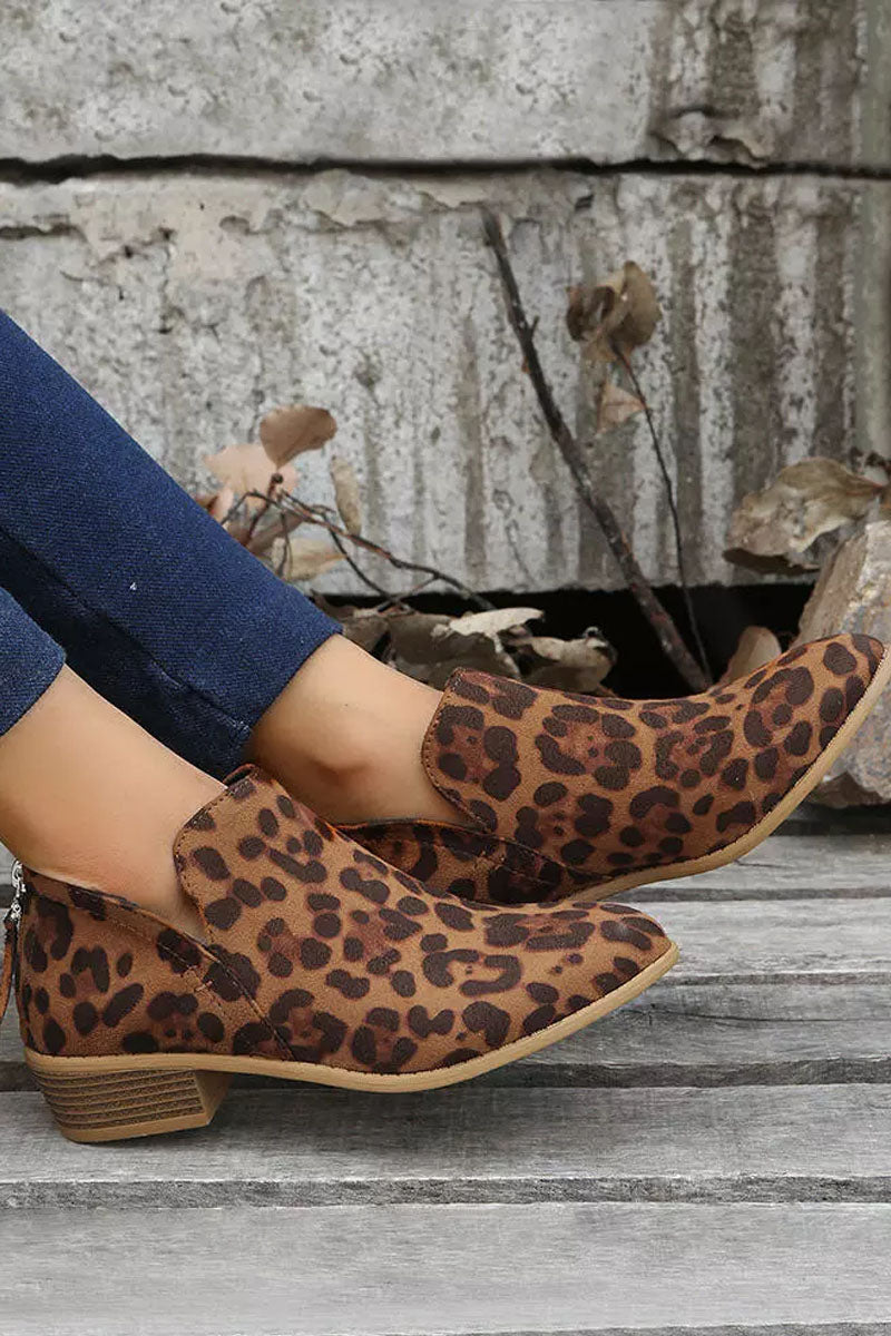 Leopard Zipper Western Chunky Ankle Boots