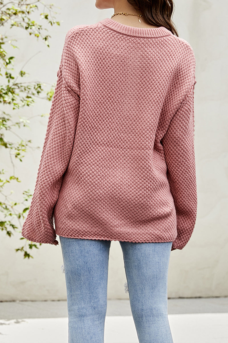 O Neck Waffle Single-breasted Knit Sweater