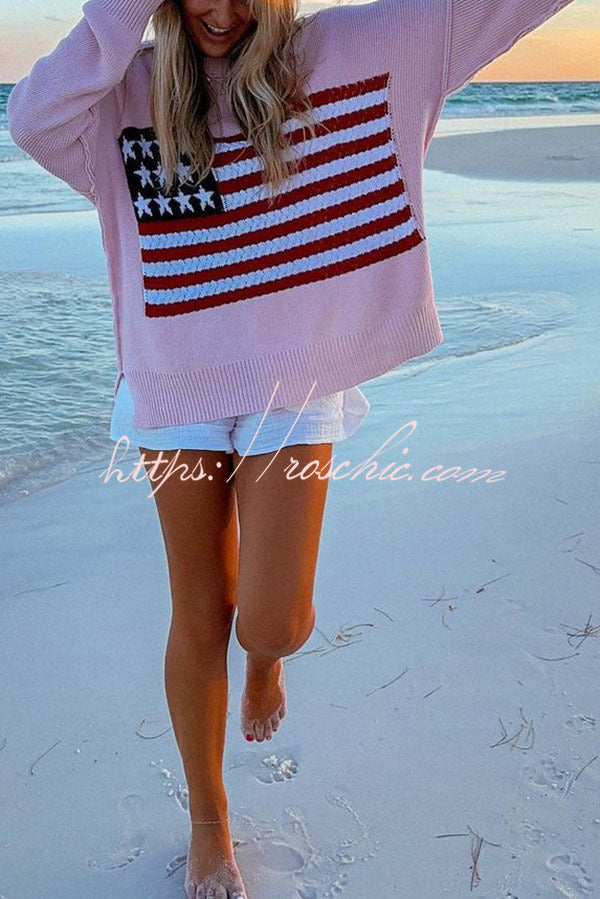 Independence Day Patchwork Long Sleeved Crew Neck Knitted Sweater