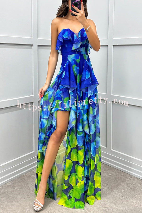 Loving Moment Gradient Unique Print Flowing Layered Ruffles Strapless Slit Maxi Dress - Fashionpara