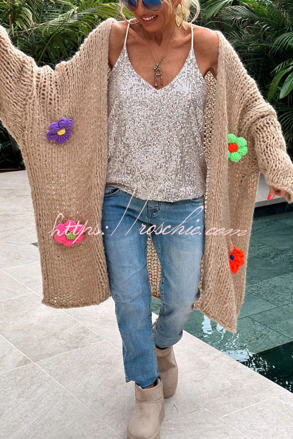 A Different Story Knit Hollow Out Multi Color 3D Flowers Oversized Midi Cardigan