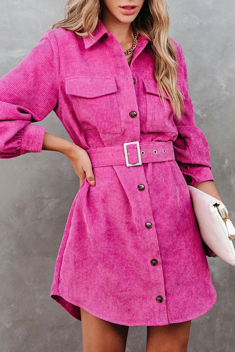 Corduroy Belted Button Down Shirt Dress