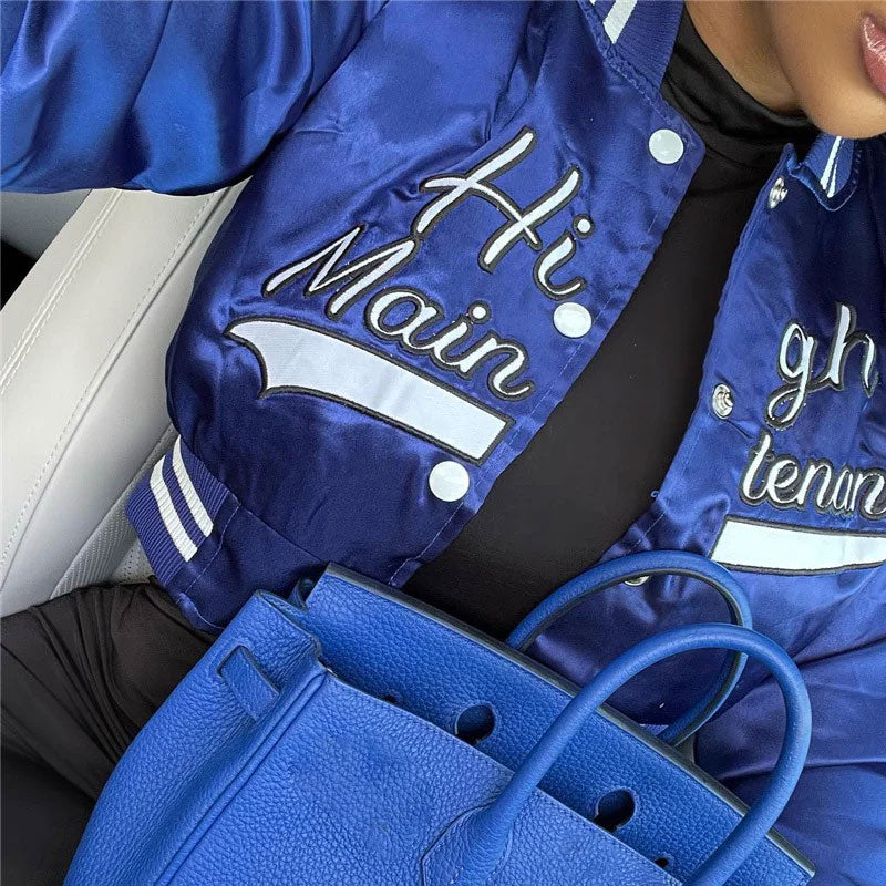 Active Letter Print Button Up Cropped Varsity Bomber Jacket - Royal Blue - Fashionpara