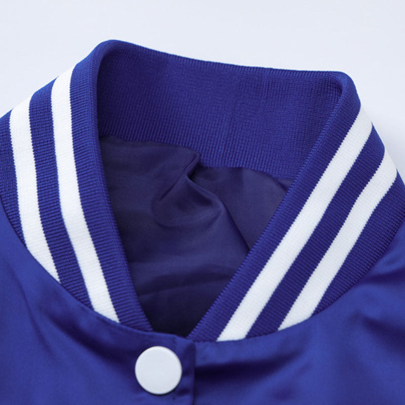 Active Letter Print Button Up Cropped Varsity Bomber Jacket - Royal Blue - Fashionpara