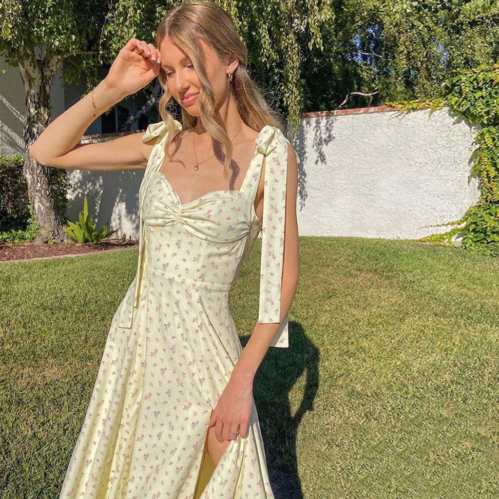 Adorable Daisy Printed High Slit A-Line Slip Midi Sundress - Yellow