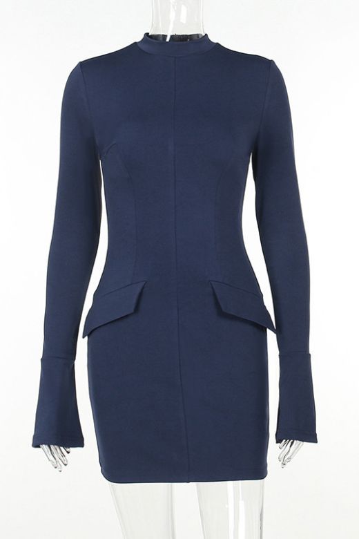 Adrian Long Sleeve Bodycon Mini Dress - Navy Blue - Fashionpara