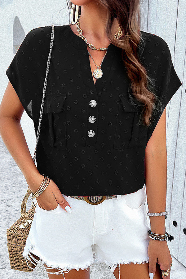 Simple Embroidered V Neck Pocket Button Down Short Sleeved Shirt