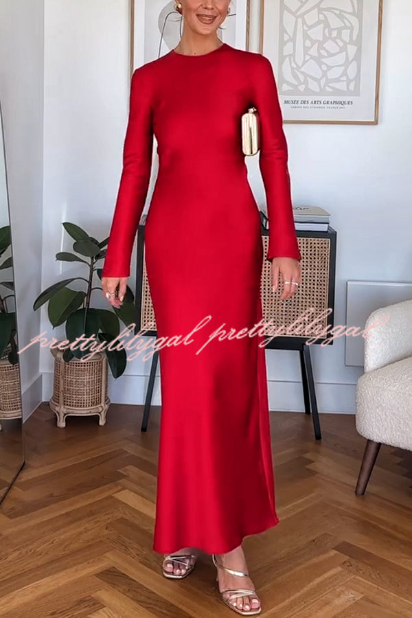 Winter Wedding Satin Back Tie-up Long Sleeve H-line Maxi Dress