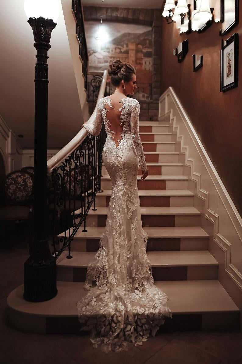 Unique Long Sleeve High Neck Backless Mermaid Bridal Gown with Lace Appliques