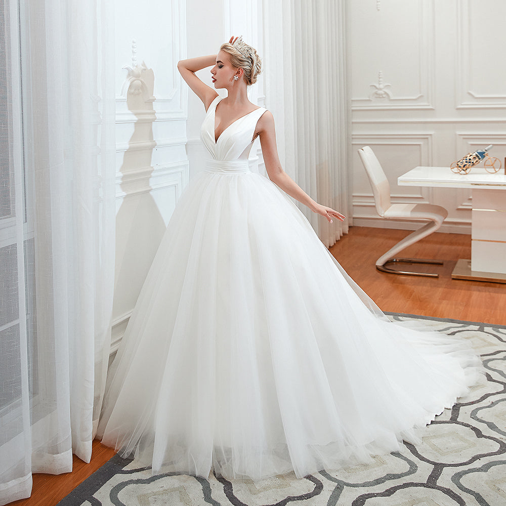 Wide Strap Deep V-Neck Floor-Length A-Line Bridal Gown with Tulle