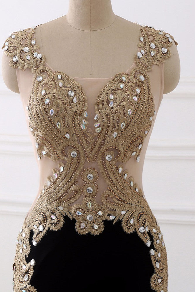 Affordabe V-Neck Sleeveless Mermaid Prom Dresses Gold Appliques with Crystals