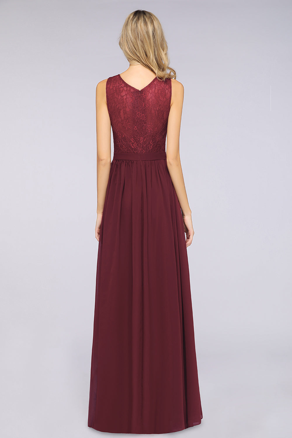 Affordable Burgundy V-Neck Ruffle Bridesmaid dresses with Lace-Back