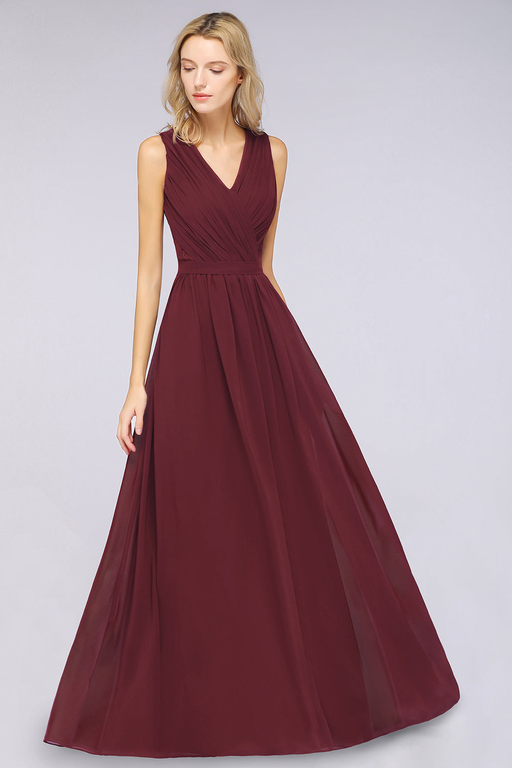 Affordable Burgundy V-Neck Ruffle Bridesmaid dresses with Lace-Back