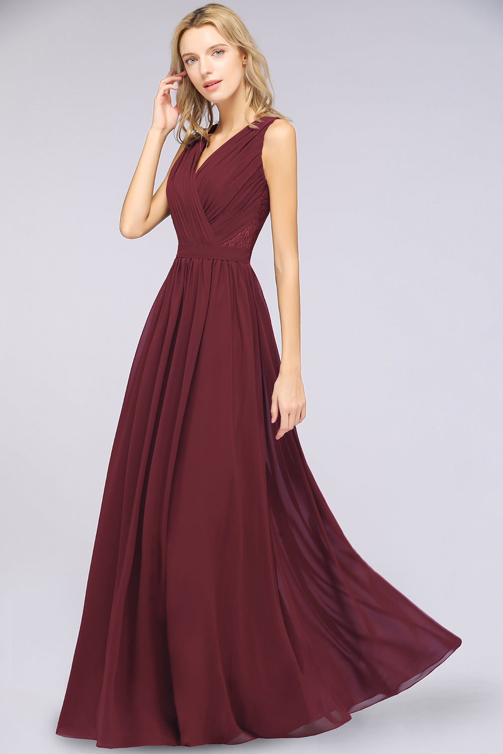 Affordable Burgundy V-Neck Ruffle Bridesmaid dresses with Lace-Back