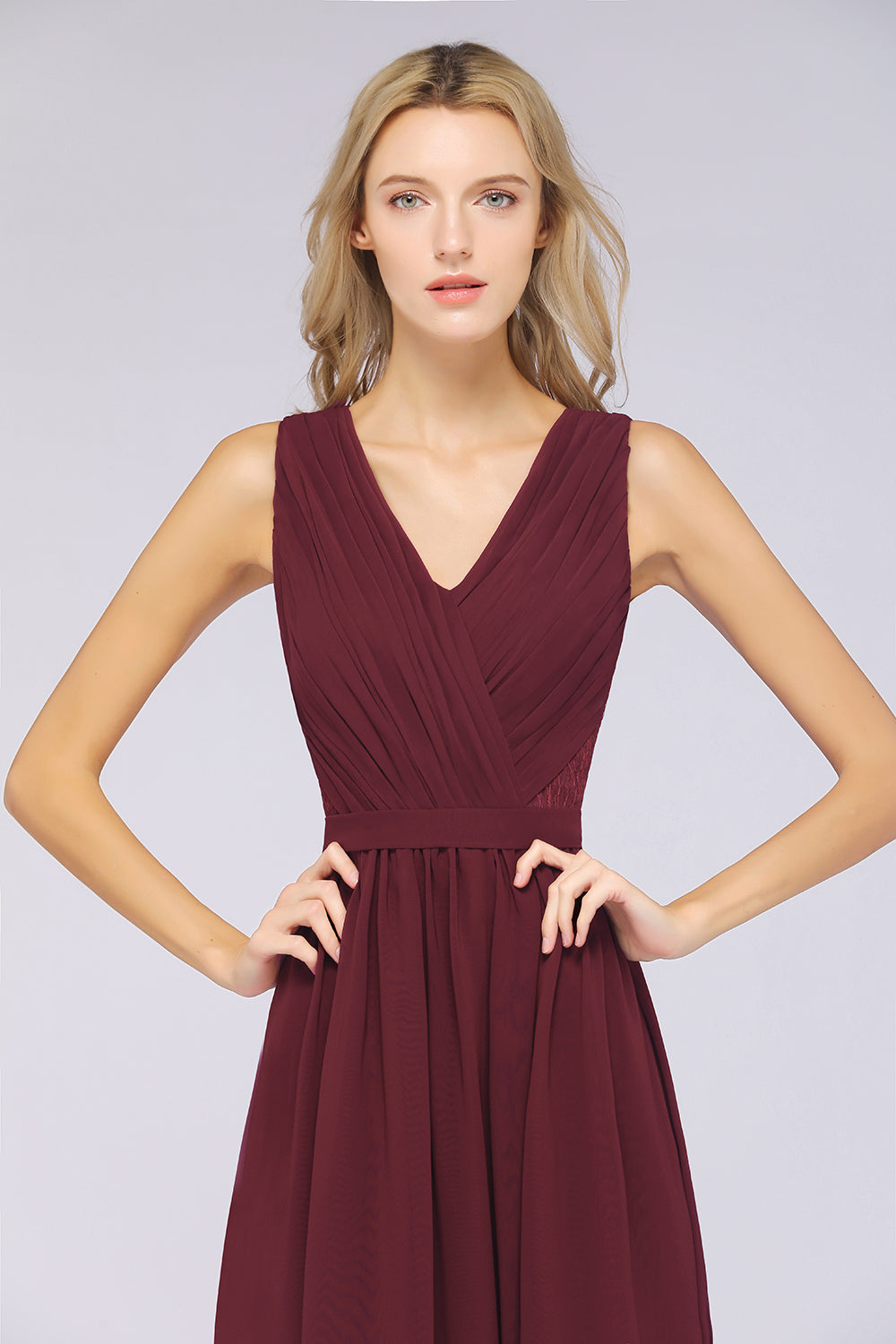 Affordable Burgundy V-Neck Ruffle Bridesmaid dresses with Lace-Back