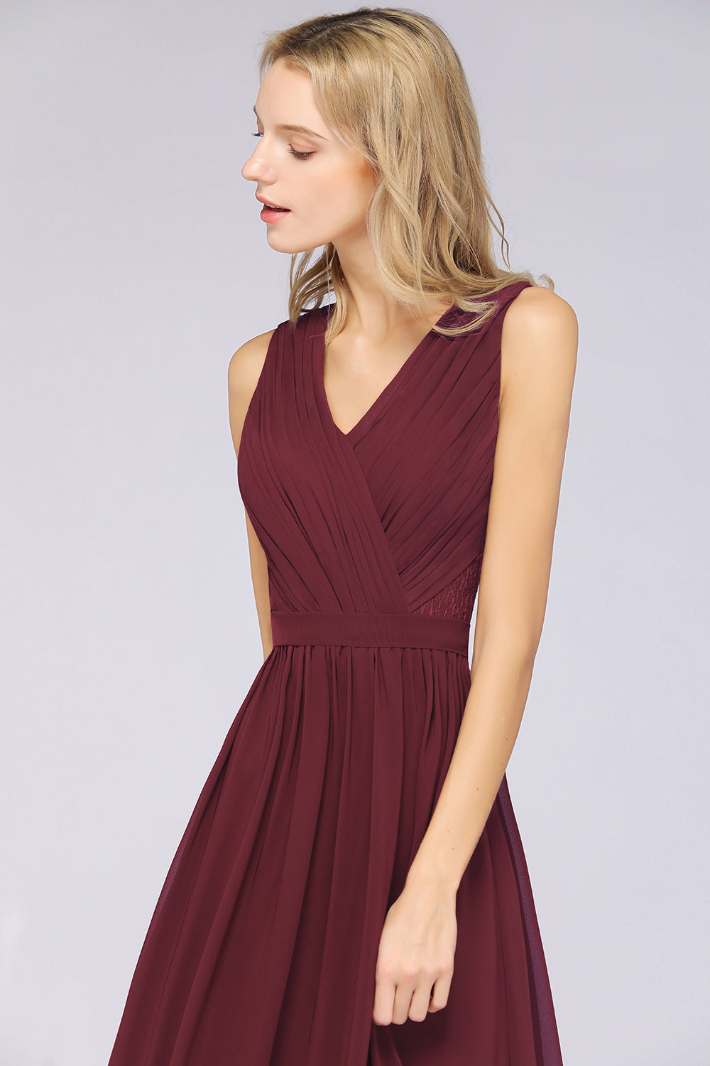 Affordable Burgundy V-Neck Ruffle Bridesmaid dresses with Lace-Back