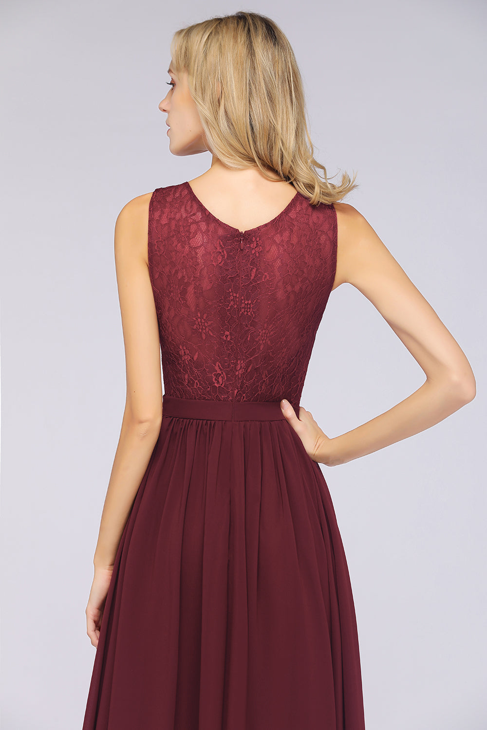 Affordable Burgundy V-Neck Ruffle Bridesmaid dresses with Lace-Back