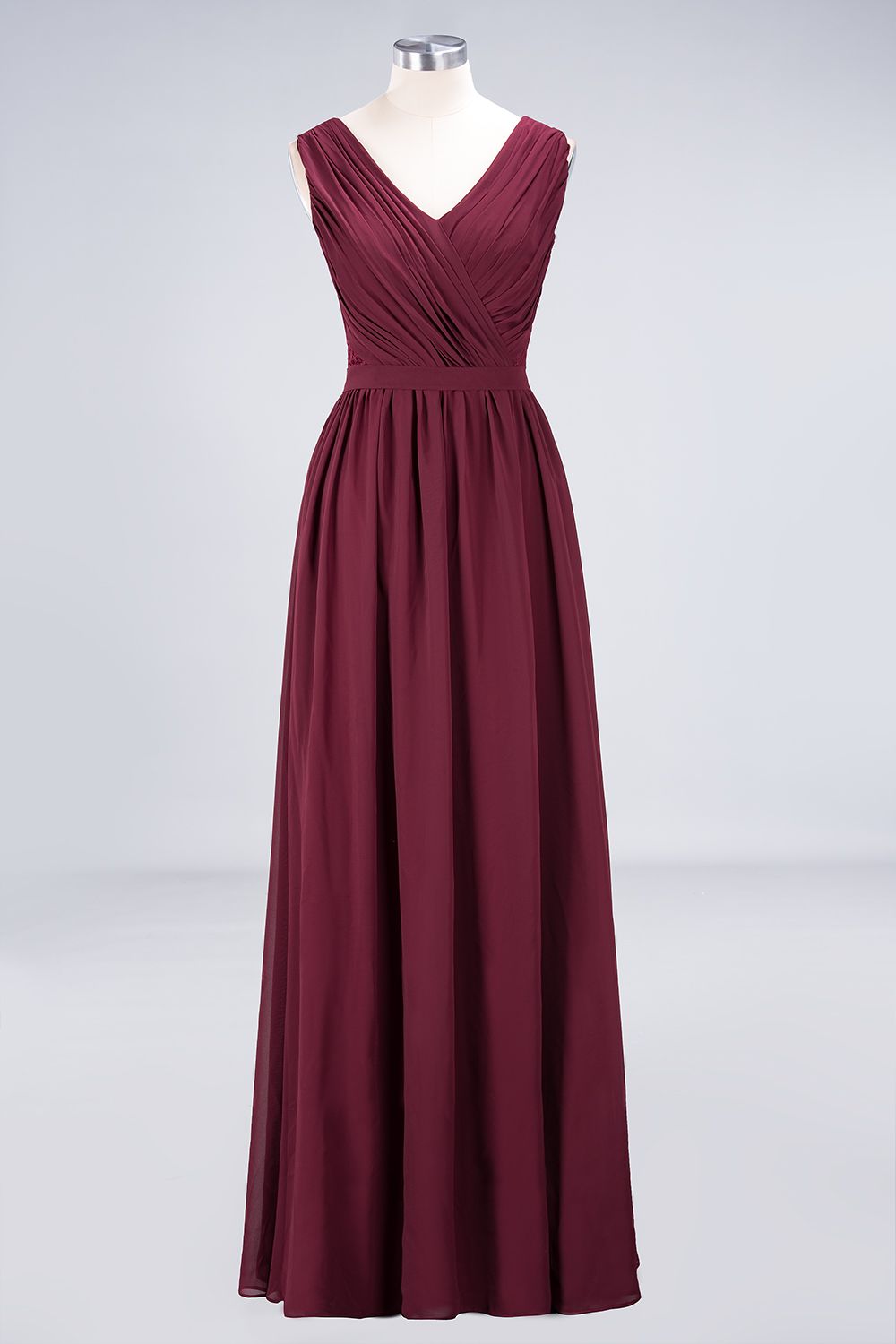 Affordable Burgundy V-Neck Ruffle Bridesmaid dresses with Lace-Back