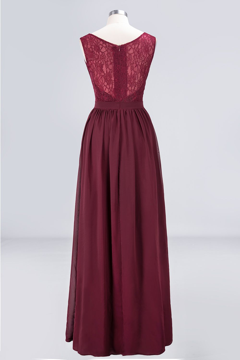 Affordable Burgundy V-Neck Ruffle Bridesmaid dresses with Lace-Back