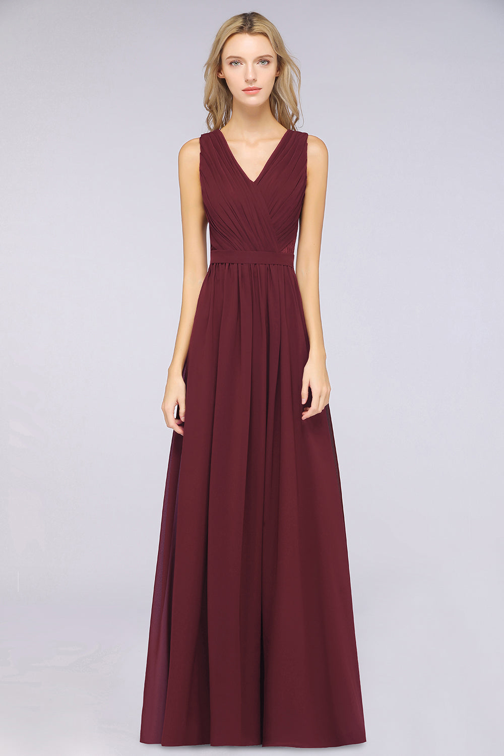 Affordable Burgundy V-Neck Ruffle Bridesmaid dresses with Lace-Back