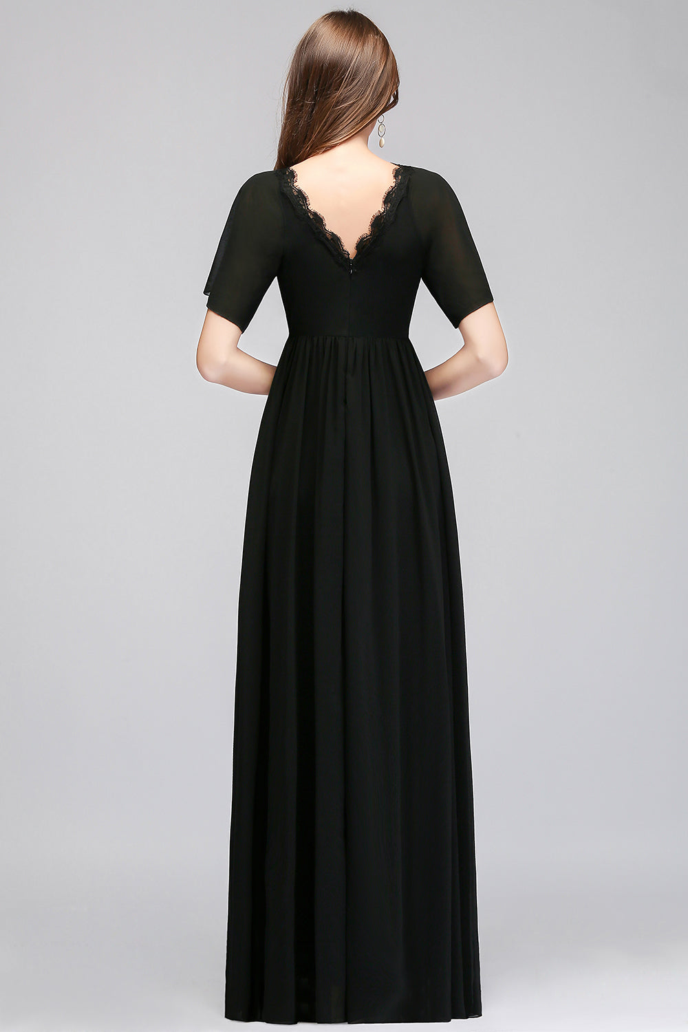 Affordable Chiffon Black V-Neck Bridesmaid dresses with Short-Sleeves