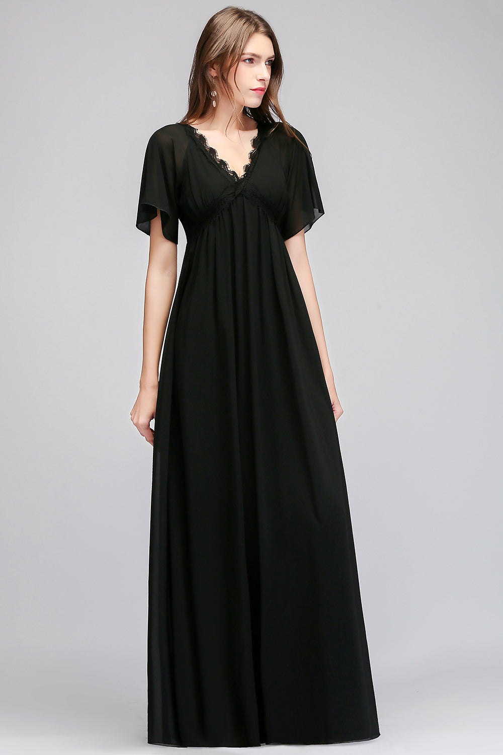 Affordable Chiffon Black V-Neck Bridesmaid dresses with Short-Sleeves