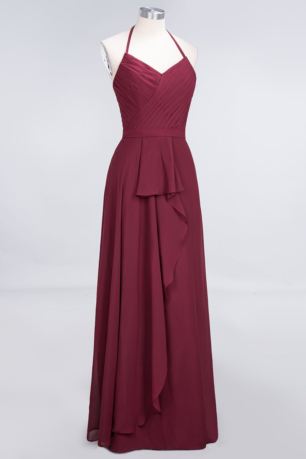 Affordable Chiffon Halter V-Neck Ruffle Burgundy Bridesmaid dresses