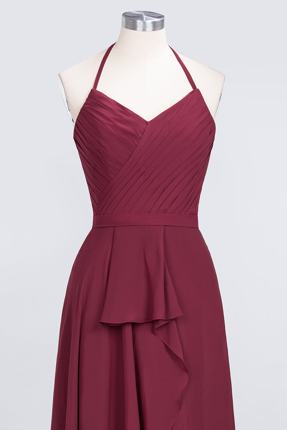 Affordable Chiffon Halter V-Neck Ruffle Burgundy Bridesmaid dresses