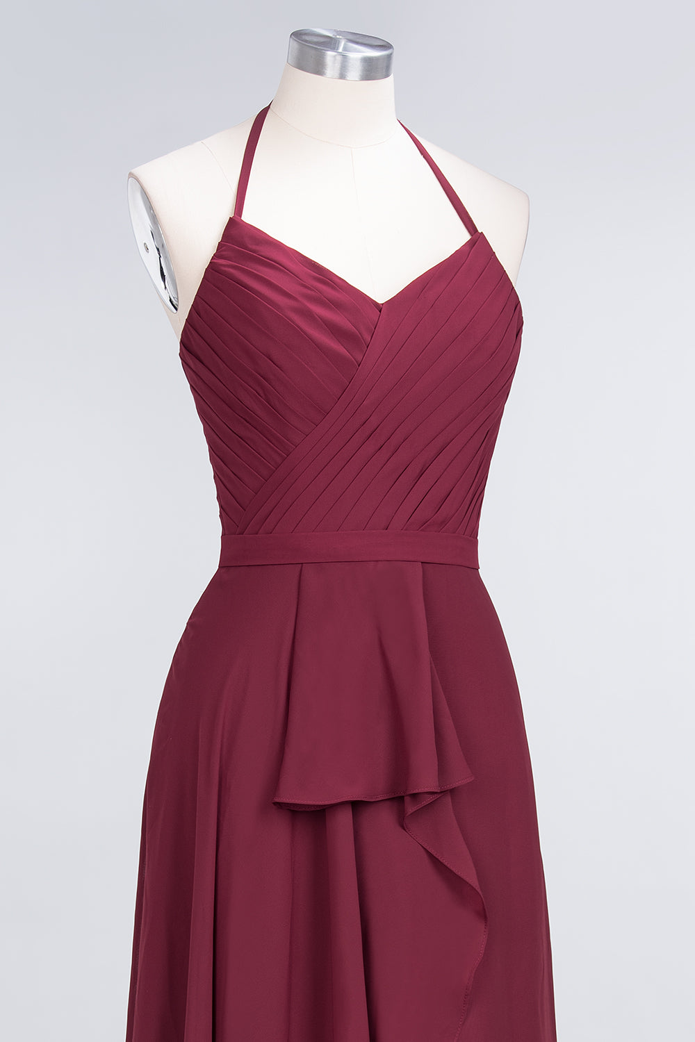 Affordable Chiffon Halter V-Neck Ruffle Burgundy Bridesmaid dresses