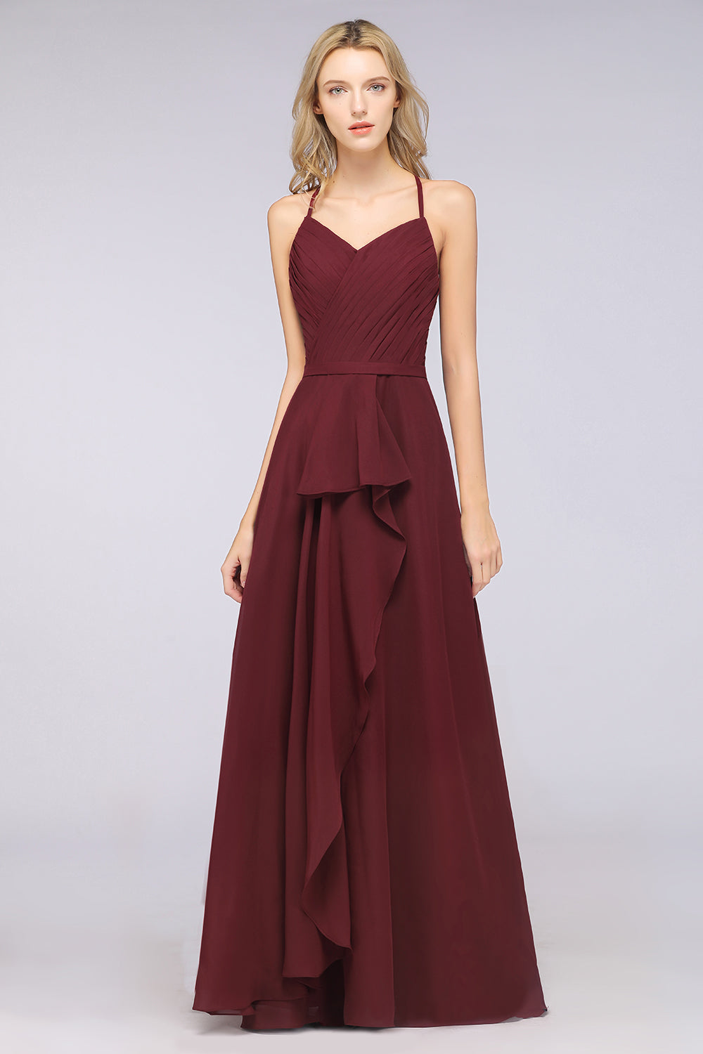 Affordable Chiffon Halter V-Neck Ruffle Burgundy Bridesmaid dresses