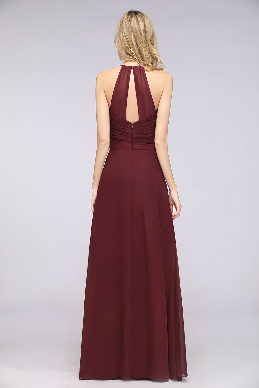 Affordable Chiffon Halter V-Neck Ruffle Burgundy Bridesmaid dresses