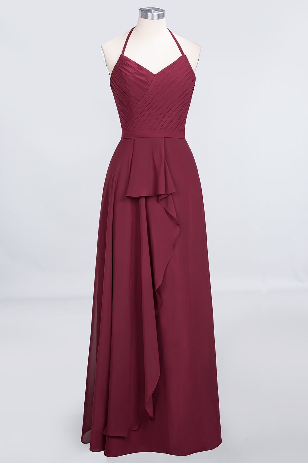 Affordable Chiffon Halter V-Neck Ruffle Burgundy Bridesmaid dresses