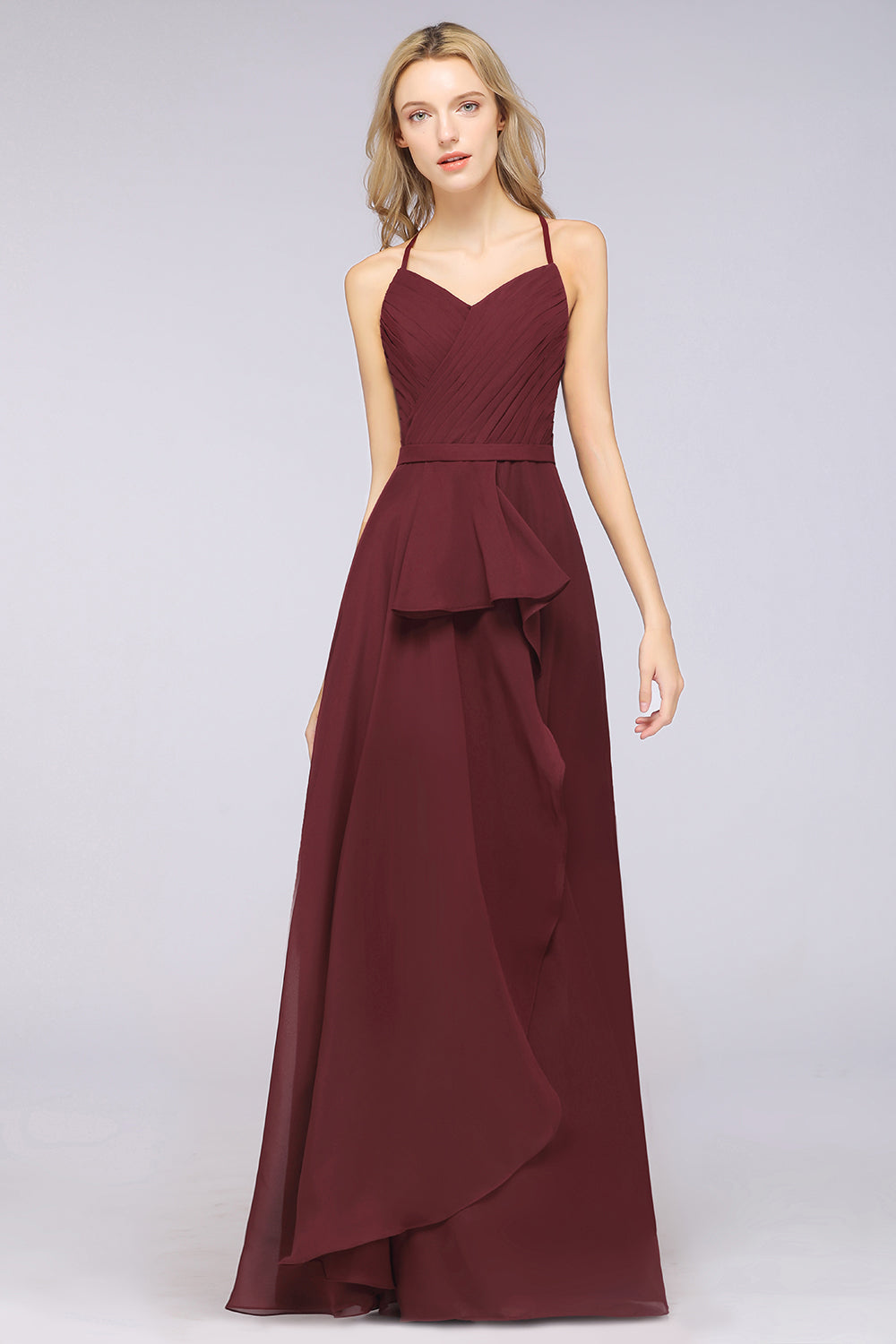 Affordable Chiffon Halter V-Neck Ruffle Burgundy Bridesmaid dresses