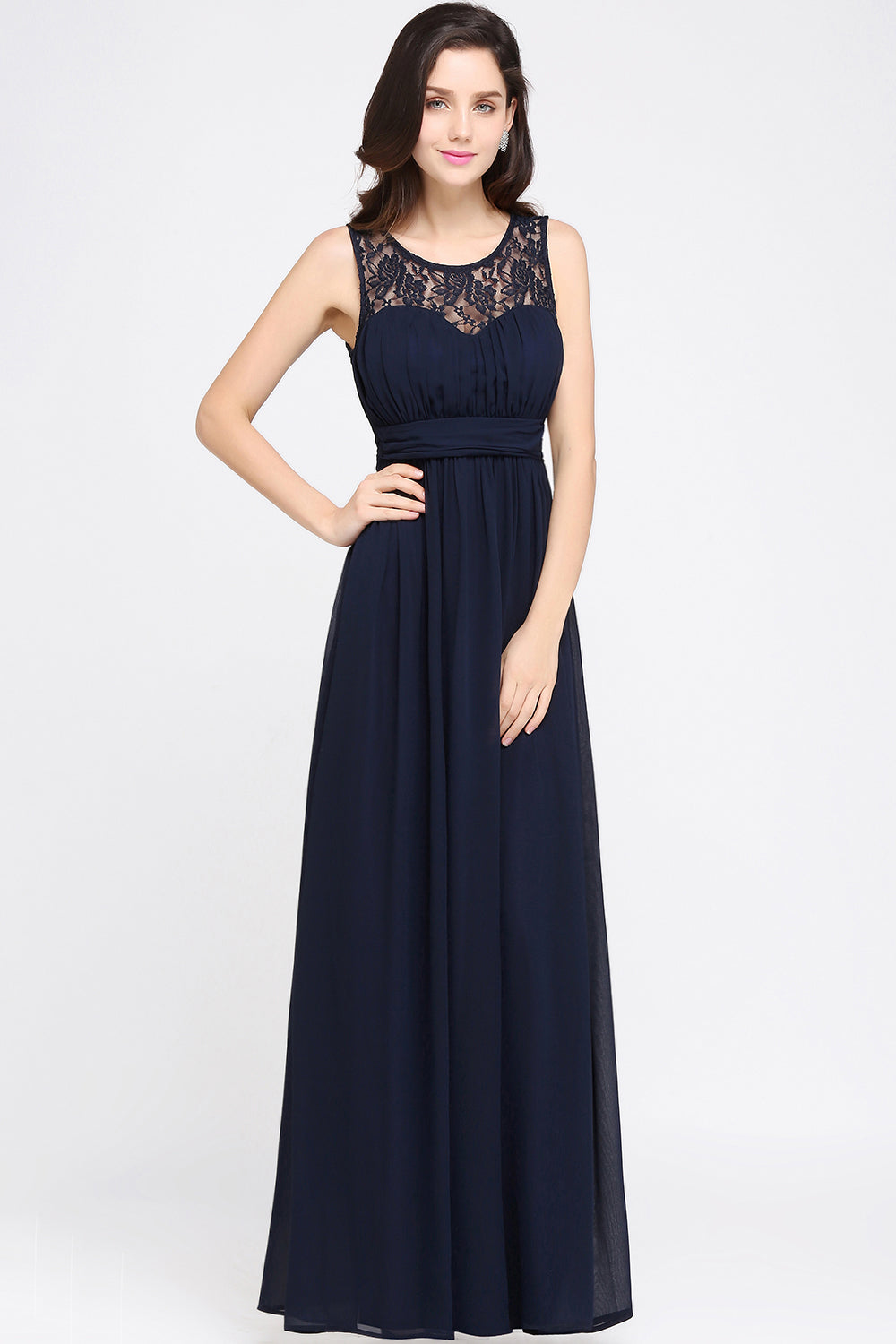 Affordable Chiffon Jewel Sleeveless Lace Bridesmaid Dresses with Ruffle