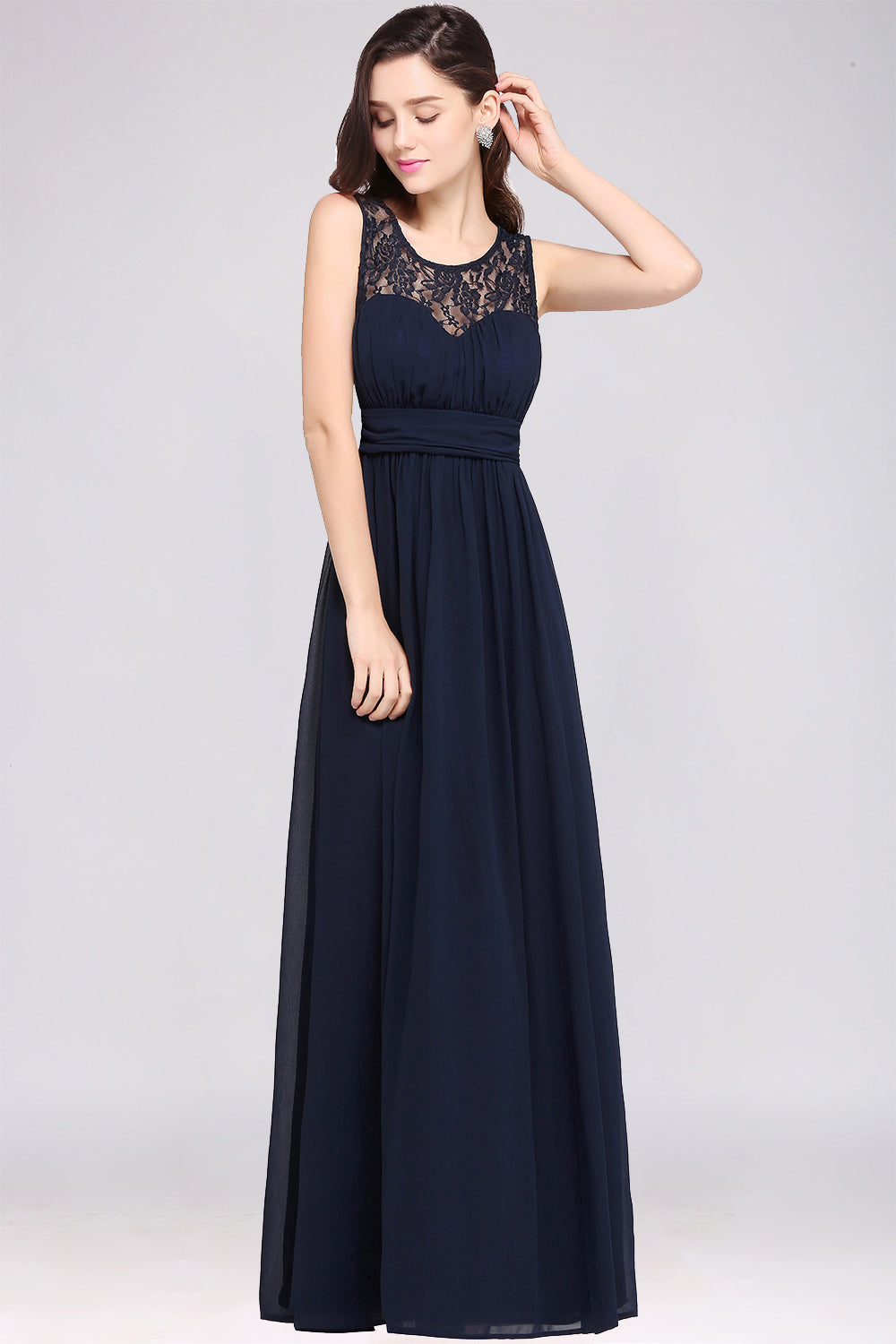 Affordable Chiffon Jewel Sleeveless Lace Bridesmaid Dresses with Ruffle