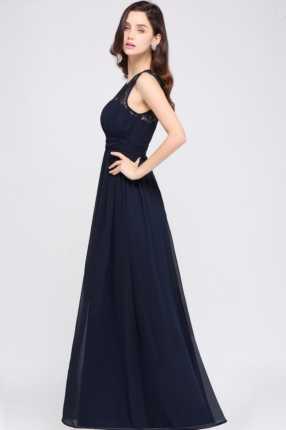 Affordable Chiffon Jewel Sleeveless Lace Bridesmaid Dresses with Ruffle