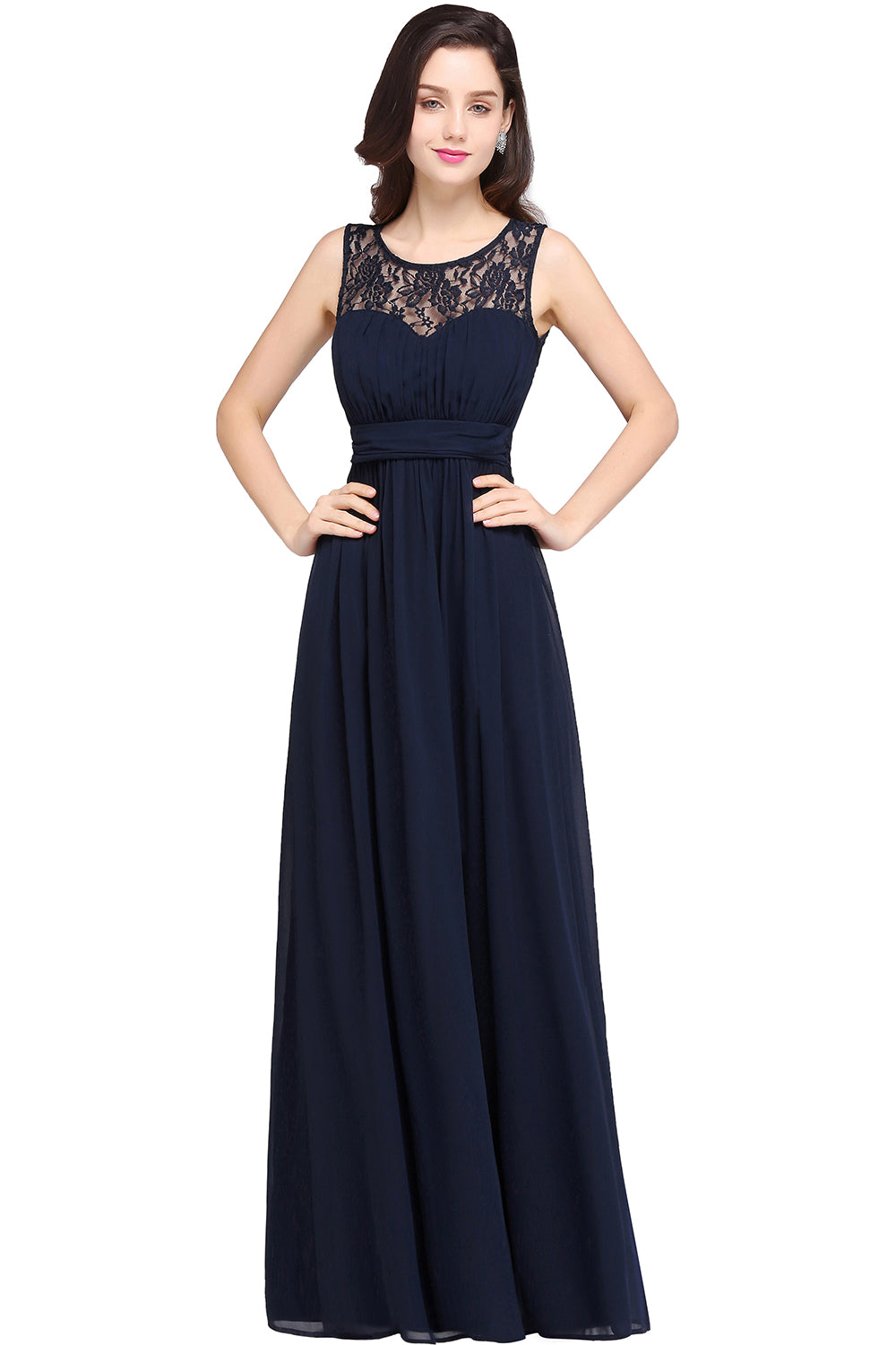 Affordable Chiffon Jewel Sleeveless Lace Bridesmaid Dresses with Ruffle