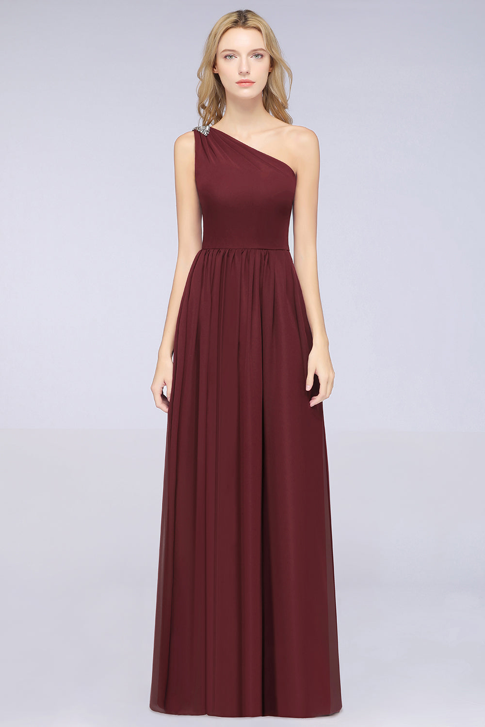 Affordable Chiffon One-Shoulder Ruffle Bridesmaid Dresses with Beadings