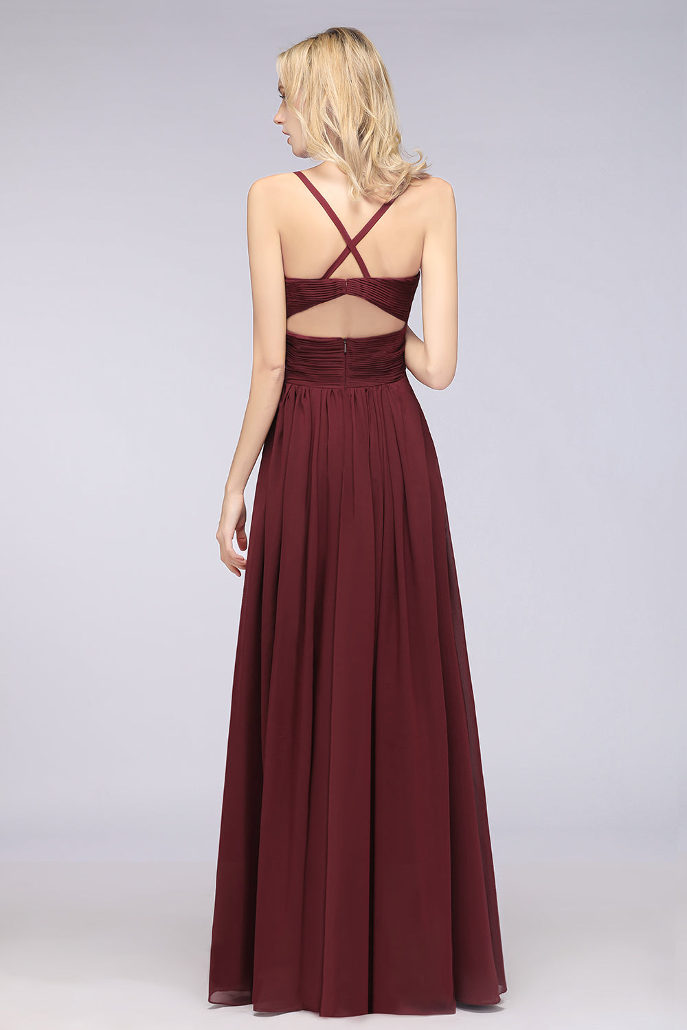 Affordable Chiffon Ruffle V-Neck Bridesmaid Dresses with Spaghetti Straps